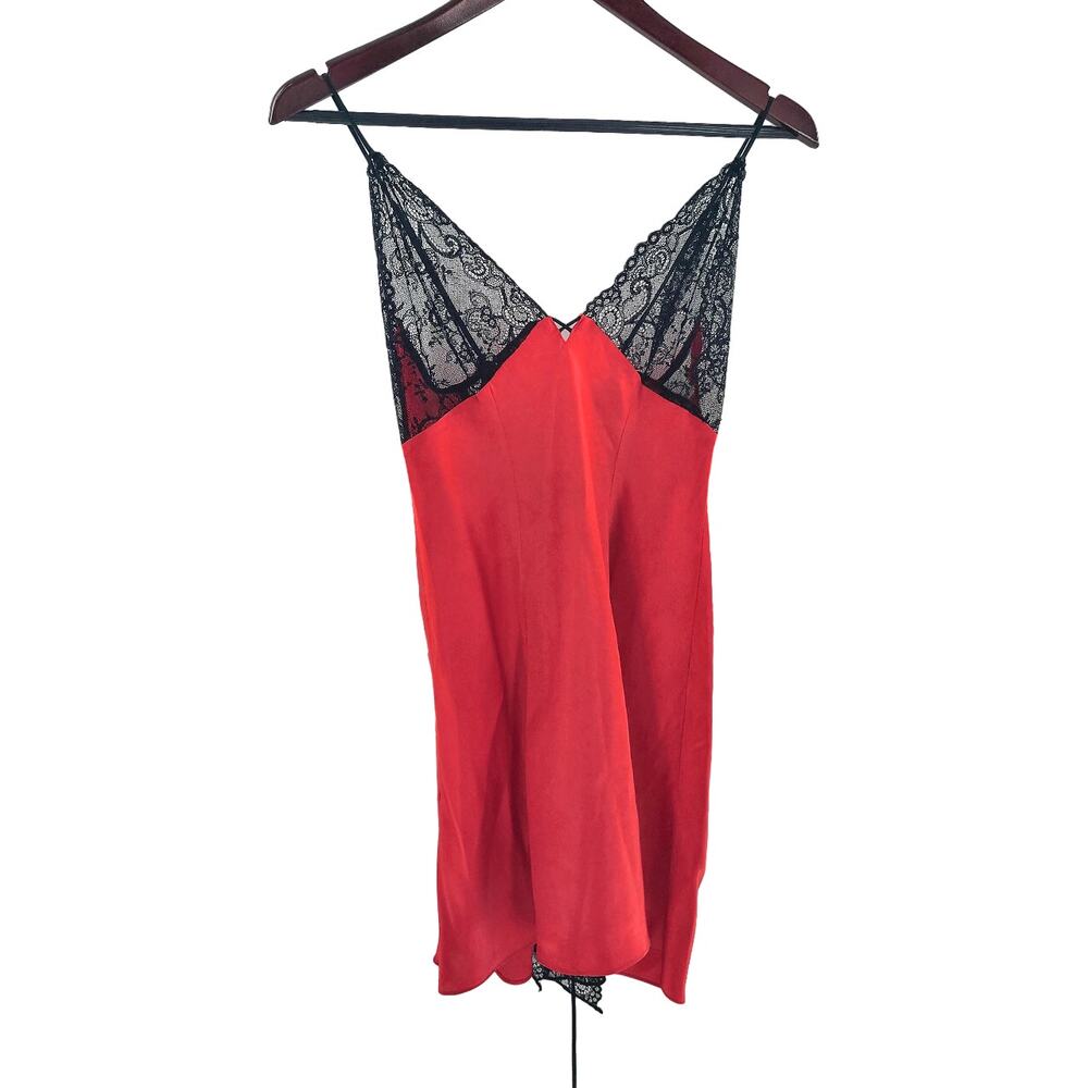 Victoria's Secret Nightie Nightgown Size Medium Black Lace Red Silk Knee Length
